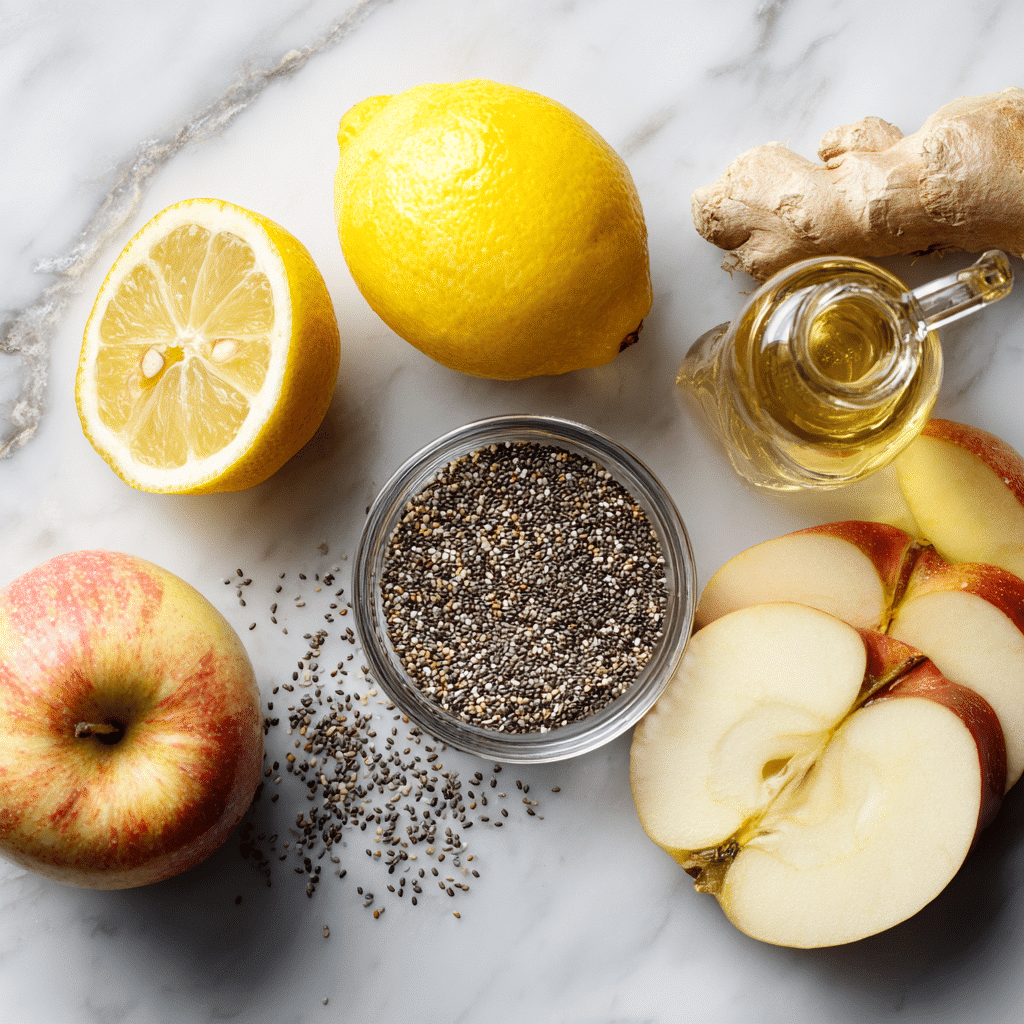 Fresh ingredients for Zepbound recipe including lemon, chia seeds, ginger, and apple