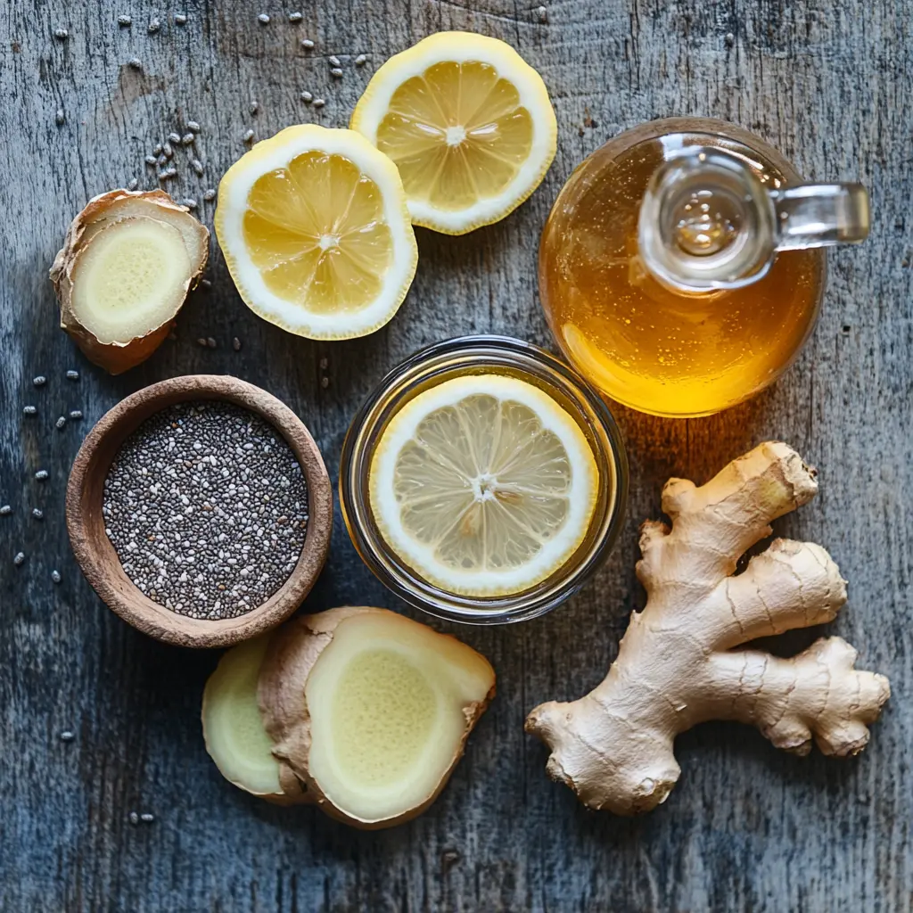 Ingredients for homemade Zepbound recipe with lemon, ginger, chia seeds, and apple cider vinegar