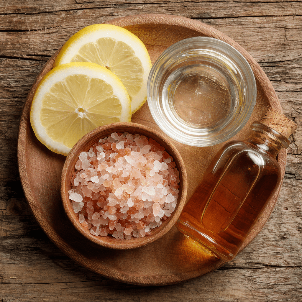 Ingredients used in the pink salt weight loss drink including lemon and vinegar