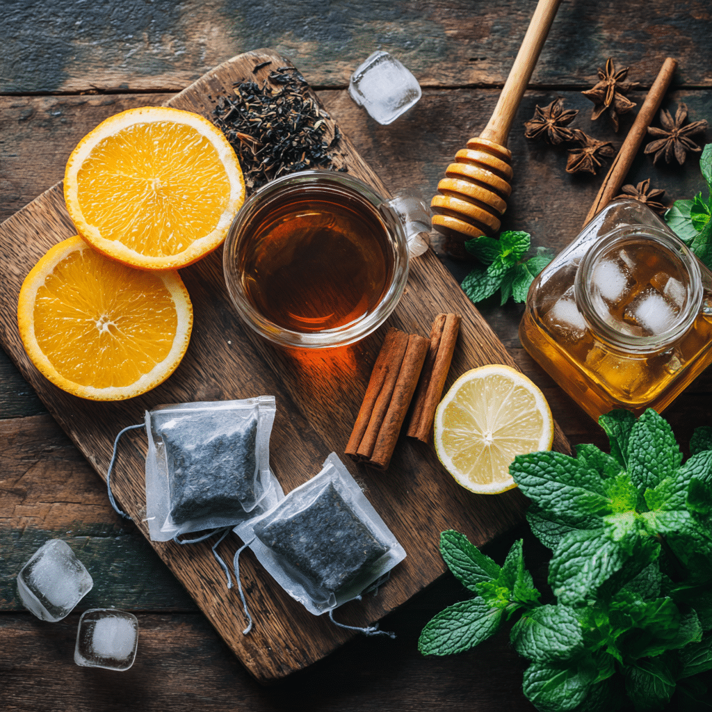 Ingredients for orange cinnamon iced tea recipe