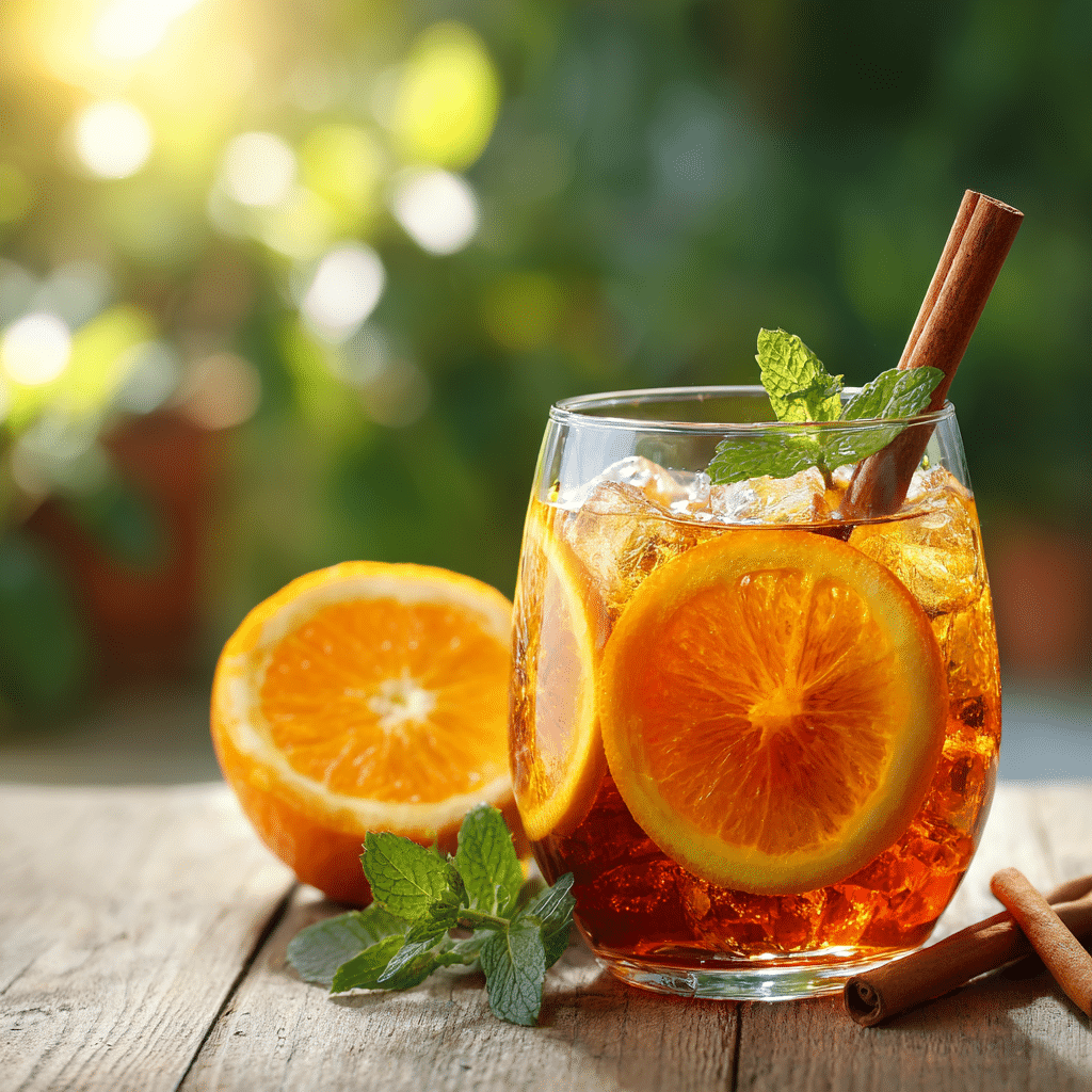 Glass of orange cinnamon iced tea with mint and orange