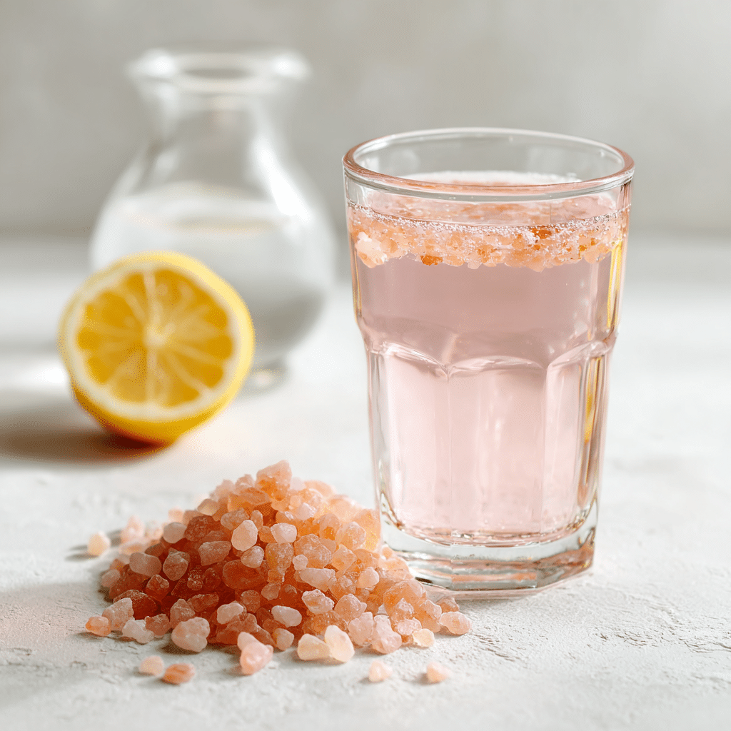 Glass of pink salt weight loss drink with salt rim and lemon
