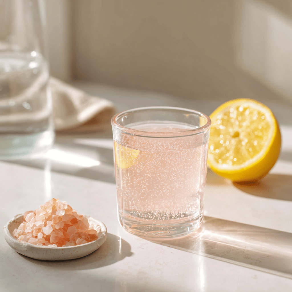 Sparkling pink salt weight loss drink with lemon and Himalayan salt