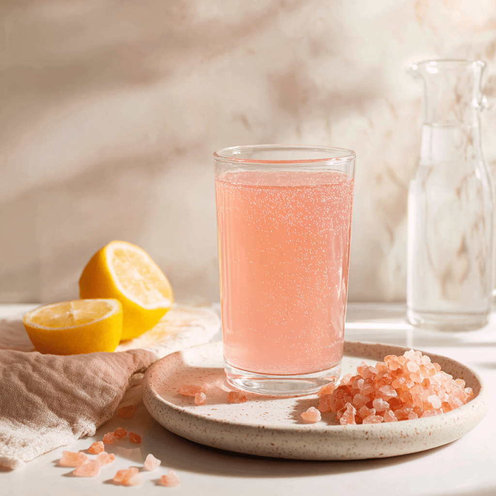 Pink salt weight loss drink served with lemon and salt crystals