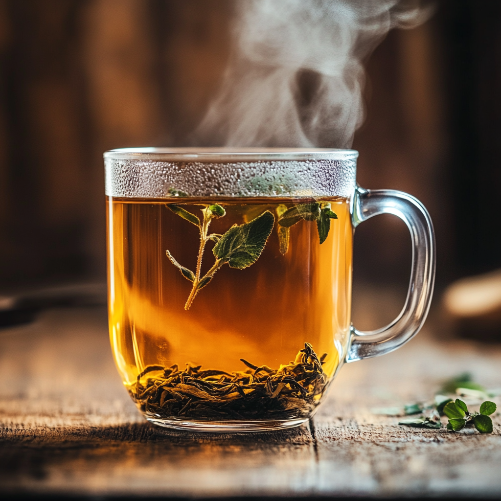 glass mug brazilian detox tea with floating herbs