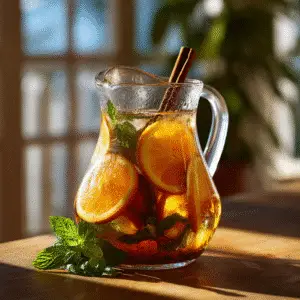 Iced orange cinnamon tea pitcher with citrus and spice