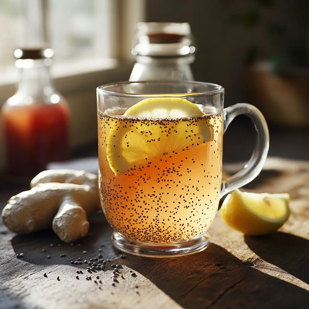 Homemade Zepbound fat-burning drink with chia and lemon slice
