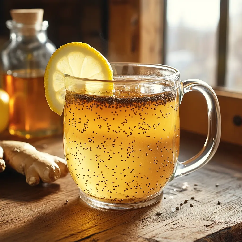 Homemade Zepbound detox drink in glass mug with chia seeds and lemon
