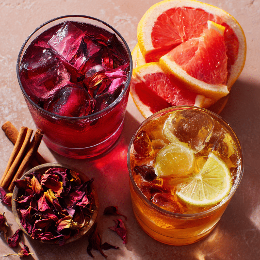 Orange cinnamon iced tea variations with fruit and spice