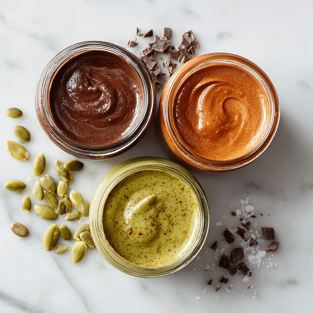 Pumpkin seed butter flavor variations in labeled jars