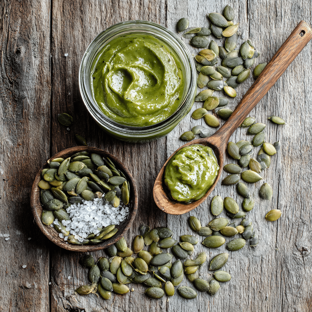 Pumpkin seed butter recipe ingredients on kitchen table