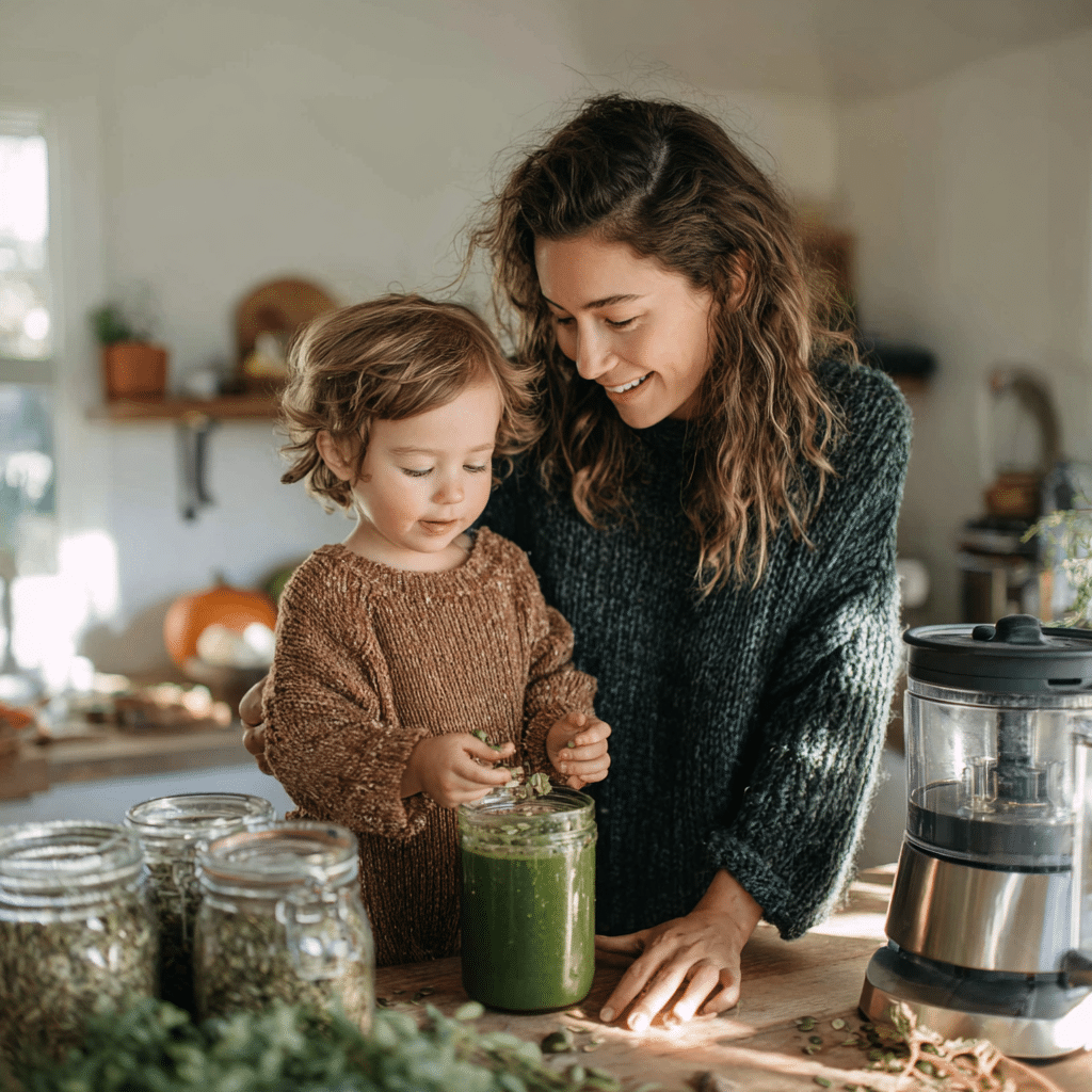 Homemade pumpkin seed butter recipe in cozy family kitchen