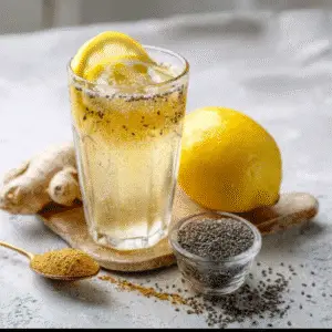 Zepbound recipe drink with lemon slices, ginger, chia seeds, and golden powder