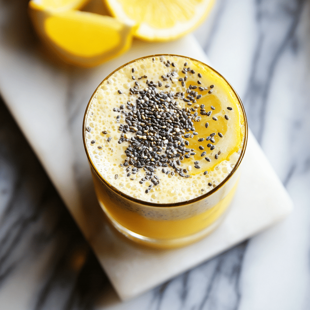 Zepbound recipe drink with chia seeds and lemon slice from top angle