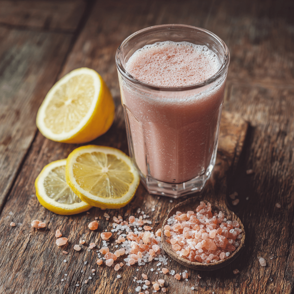 pink salt diet drink recipe in glass with lemon and salt crystals