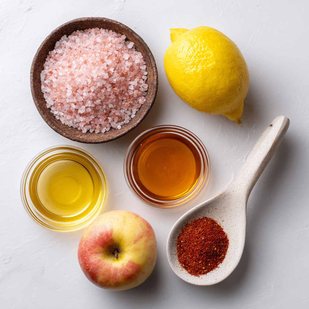 pink salt diet drink recipe ingredients including lemon, apple cider vinegar, and Himalayan salt