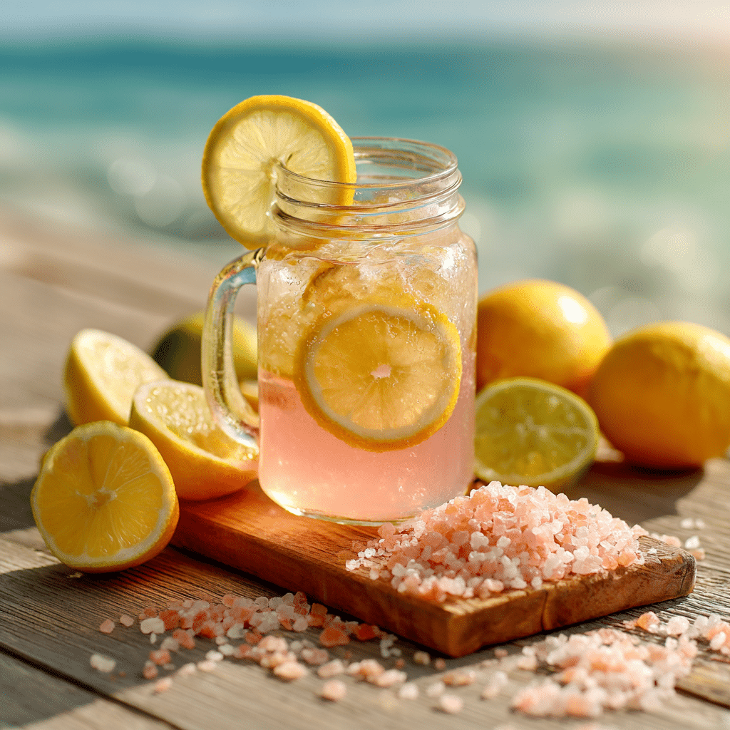 Homemade electrolyte drink for summer with lemon slices and pink salt on the beach