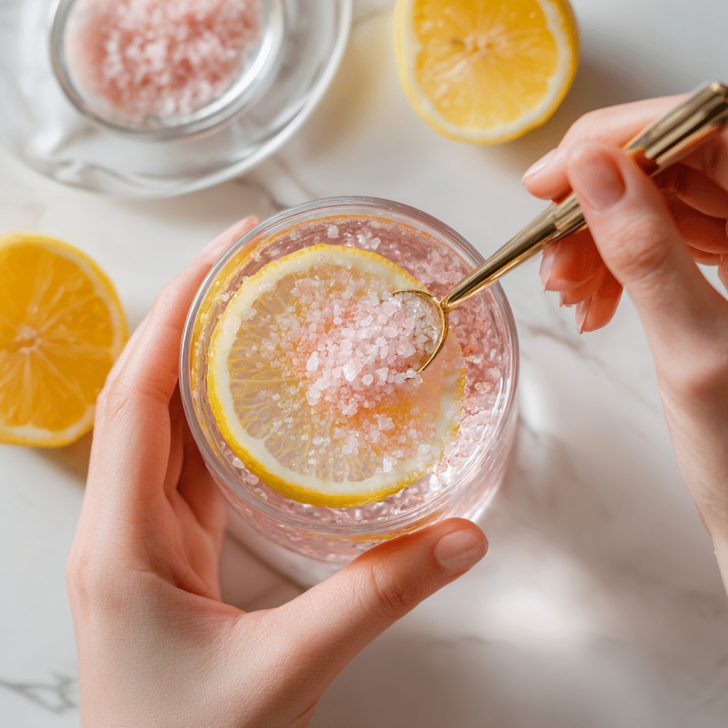 preparing pink salt diet drink recipe in glass with lemon