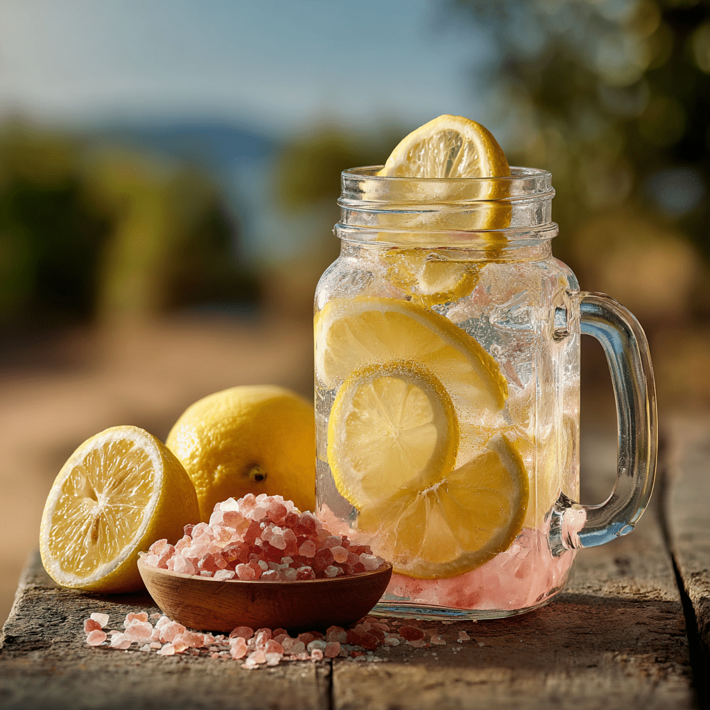 Homemade electrolyte drink for summer ingredients flat lay