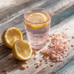 pink salt diet drink recipe with lemon slices and Himalayan salt on wood