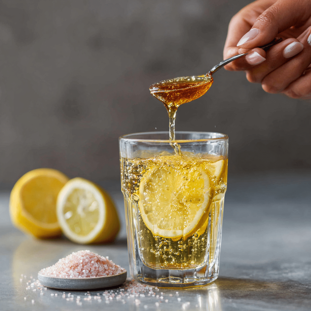 pink salt apple cider vinegar weight loss recipe with honey drizzle and lemon