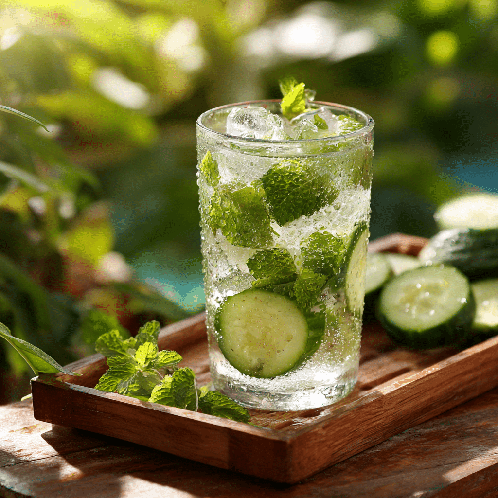 Cucumber Mint Cooler Recipe on a wooden tray with garden background