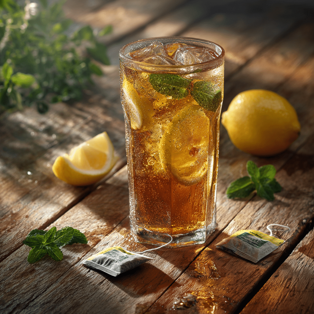 No sugar lemon iced tea with mint leaves and tea bags