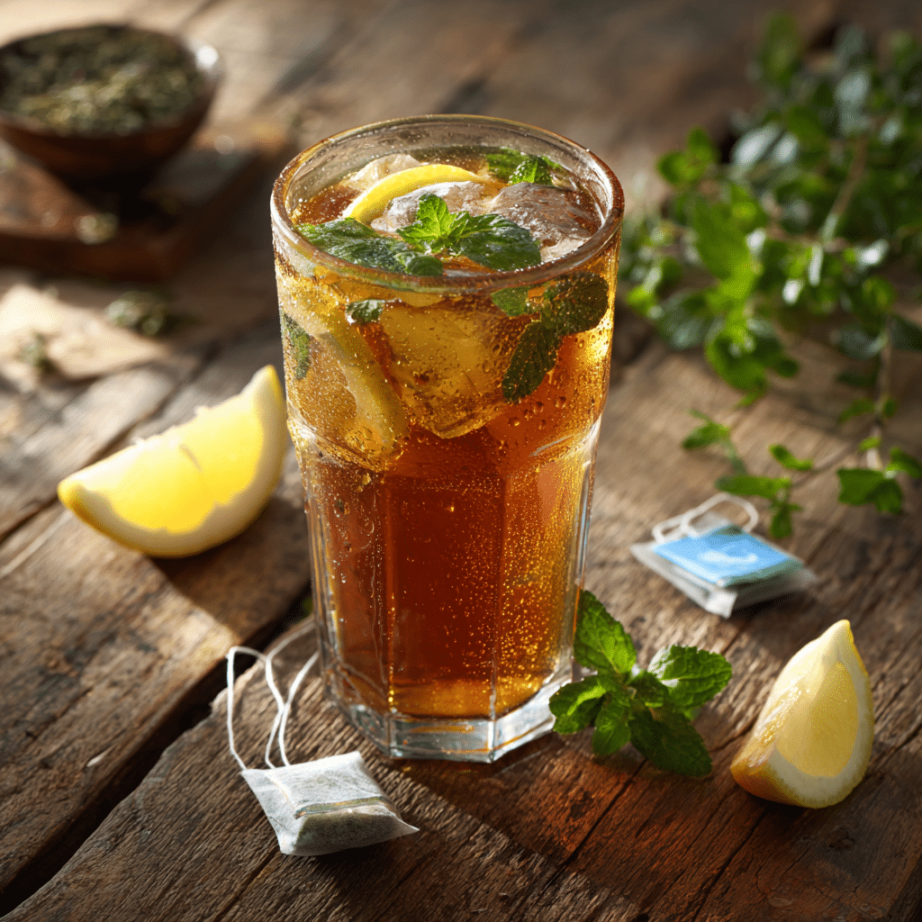 Iced tea without sugar, with lemon and mint on wooden surface