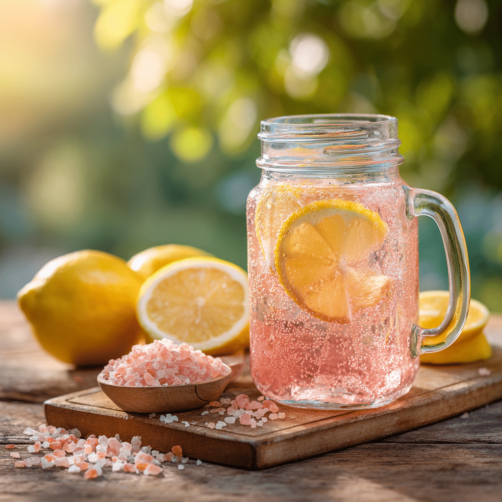 Homemade electrolyte drink for summer with lemon and pink salt served cold