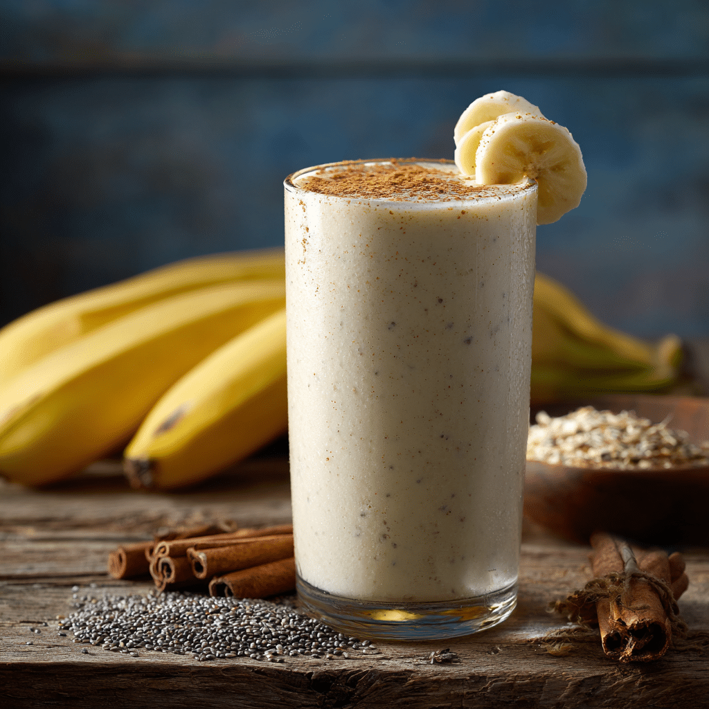 banana smoothie close-up with chia and cinnamon