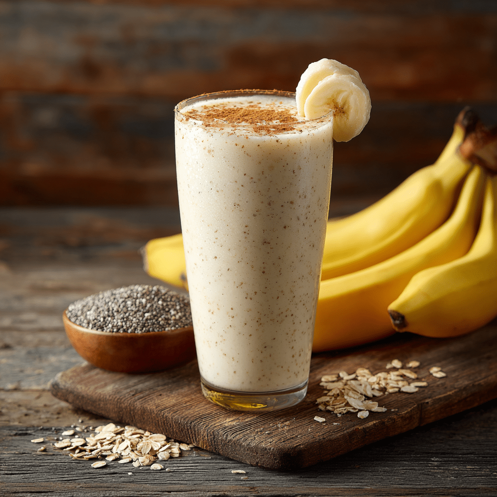 banana smoothie glass with oats chia and bananas