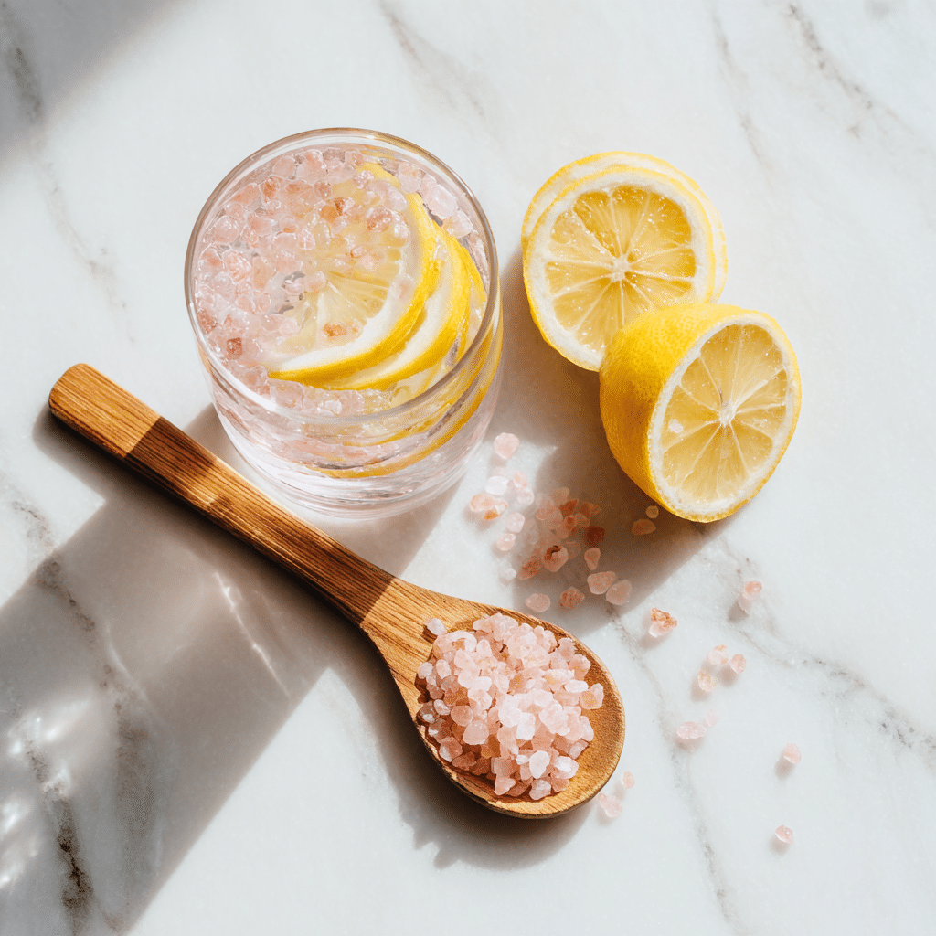 Japanese pink salt recipe with lemon halves and wooden spoon