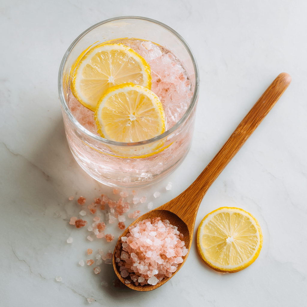 Japanese pink salt recipe in a chilled glass with lemon and spoon