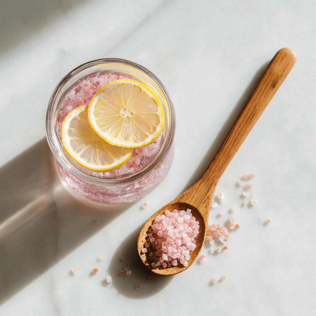 Japanese pink salt recipe served with lemon slices in glass jar