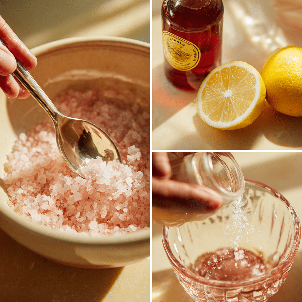 Japanese pink salt recipe with hand scooping salt and lemon on the side