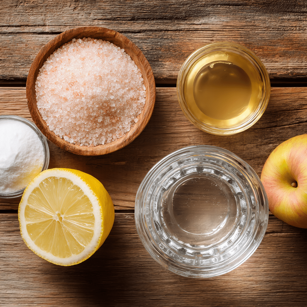 Japanese pink salt recipe flat lay of ingredients on wooden table