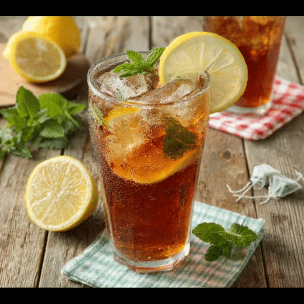 Glass of no sugar iced tea with lemon slice and mint, served cold