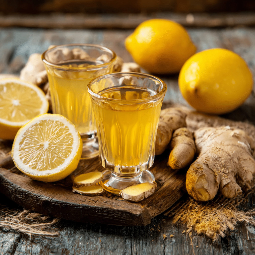 Ginger lemon shots benefits for weight loss in rustic wooden background