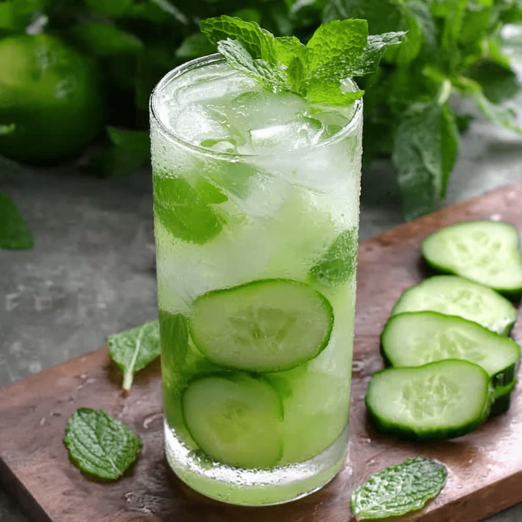 Cucumber Mint Cooler Recipe with thick cucumber slices and crushed ice